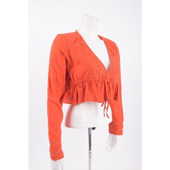 Zara Womens Cropped Top Shirt Lace Ruffle XS Red Linen Long Sleeve 0881/414 NWT - Picture 2 of 5